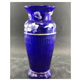 Fenton glass hand painted blue vase, Landmark Coll