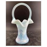 Fenton art glass aquamarine basket featuring misty