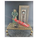 Small brass stand, vintage fishing pole and more