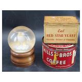 Vintage tins and snow globe