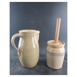 Vintage stoneware pitcher and butter churn