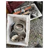 Two Plastic totes full of Pulleys, etc.