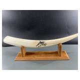 Young bull walrus tusk with scrimshaw of 2 orca an