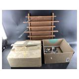 Large lot of duck figurines, wood wall shelf for d