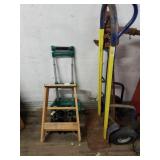 Lot including hand cart, step tool, ,stand jacks,l