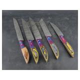 Set of five kitchen knives with Damascus blades. .