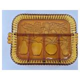 Amber Pressed Glass Fruit Motif Relish Tray
