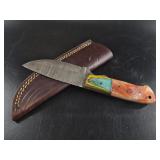 Damascus-Pattern Knife w/ Leather Sheath