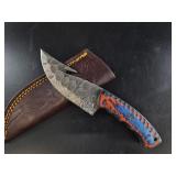 Damascus Folding Knife w/ Leather Sheath