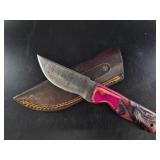 Patterned Fixed-Blade Knife w/ Leather Sheath