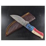 Patterned Steel Hunting Knife w/ Leather Sheath