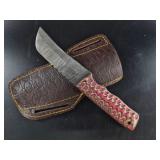 Damascus Blade Fixed Knife w/ Leather Sheath