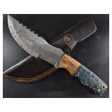Damascus-Style Fixed Blade Knife w/ Leather Sheath