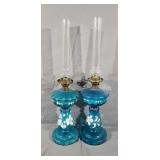 Handpainted Turquoise German Artglass Oil Lamps