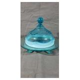 Blue Opalescent Footed Butter/Cheese Dish