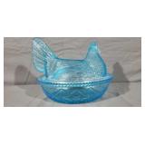8in. Blue Glass Hen On a Nest