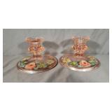 Hand Painted Pink Depression Candelabra