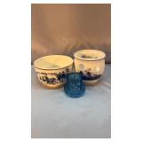 2- Delft Style Pieces and a Blue Glass Hat Vase