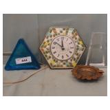 VINTAGE GE KITCHEN CLOCK, 2 ASHTRAYS, PIPE TRAY