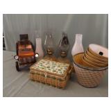 SOLAR TRACTOR, OIL LAMPS, SEWING BASKET