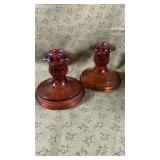 Vintage Indiana Amber Glass Tiara 4? Candlesticks