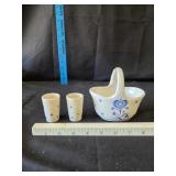Dutch Blue Ceramic Basket w/ Shot Glasses