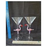 (2) Murano Hand Blown Flamingo Martini Glasses