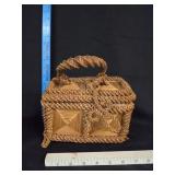 VTG Folk Art Straw Marquetry Sewing Basket