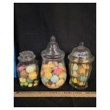 (3) Lidded Clear Glass Candy Jars w/ Candles