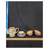 Lusterware Teapot, Tea Cups, Small Plates