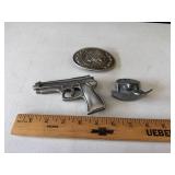 Pewter-Finish Metal Pistol Pin, Belt Buckle,