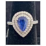 18K WHITE GOLD BLUE SAPPHIRE AND DIAMOND RING