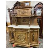 HEAVY CARVED WALNUT VICTORIAN MARBLE TOP BUFFET