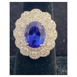 PLATINUM LARGE TANZANITE AND DIAMOND RING
