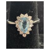 14K WHITE GOLD, CUSTOM AQUAMARINE AND DIAMOND RING