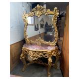 LARGE GOLD FRENCH MARBLE TOP CONSOLE AND MIRROR