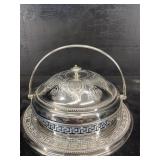 GREEK KEY SILVER ORNATE OPAQUE BLUE BUTTER DISH