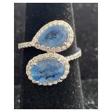 14K WHITE GOLD, AQUAMARINE AND DIAMOND RING