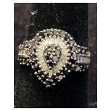 10K WHITE GOLD, FANCY BLACK AND WHITE DIAMOND RING