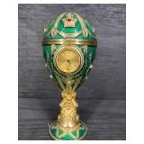 FABERGE GREEN ENAMEL JEWEL CLOCK EGG ON STAND