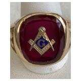 14K YELLOW GOLD MANS MASONIC RUBY RING
