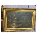 LARGE EARLY WOODS SCENE OIL ON CANVAS