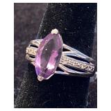 .925 SILVER AMETHYST AND WHITE TOPAZ RING