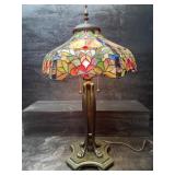 LARGE TIFFANY STYLE 2 BULB LEADED GLASS TABLE LAMP