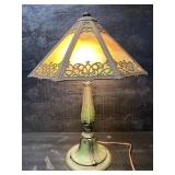 ANTIQUE BRONZE SLAG GLASS 2 BULB TABLE LAMP