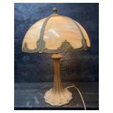 ANTIQUE BRONZE SLAG GLASS TABLE LAMP