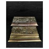 BRASS INKWELL WITH PORCELAIN INSERTS AND STAGE