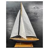 WOODEN MODEL LARGE SAIL BOAT ON STAND