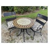 IRON AND MOSAIC TOP TABLE AND 2 CHAIRS