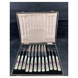 HAND PAINTED PORCELAIN ENGLISH FORK KNIFE SET IN